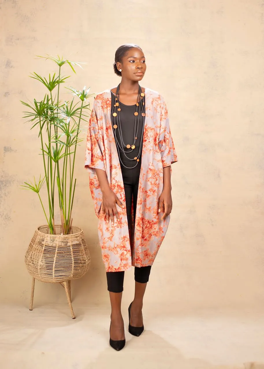 AIMAS Basan Orange Printed Adire Kimono