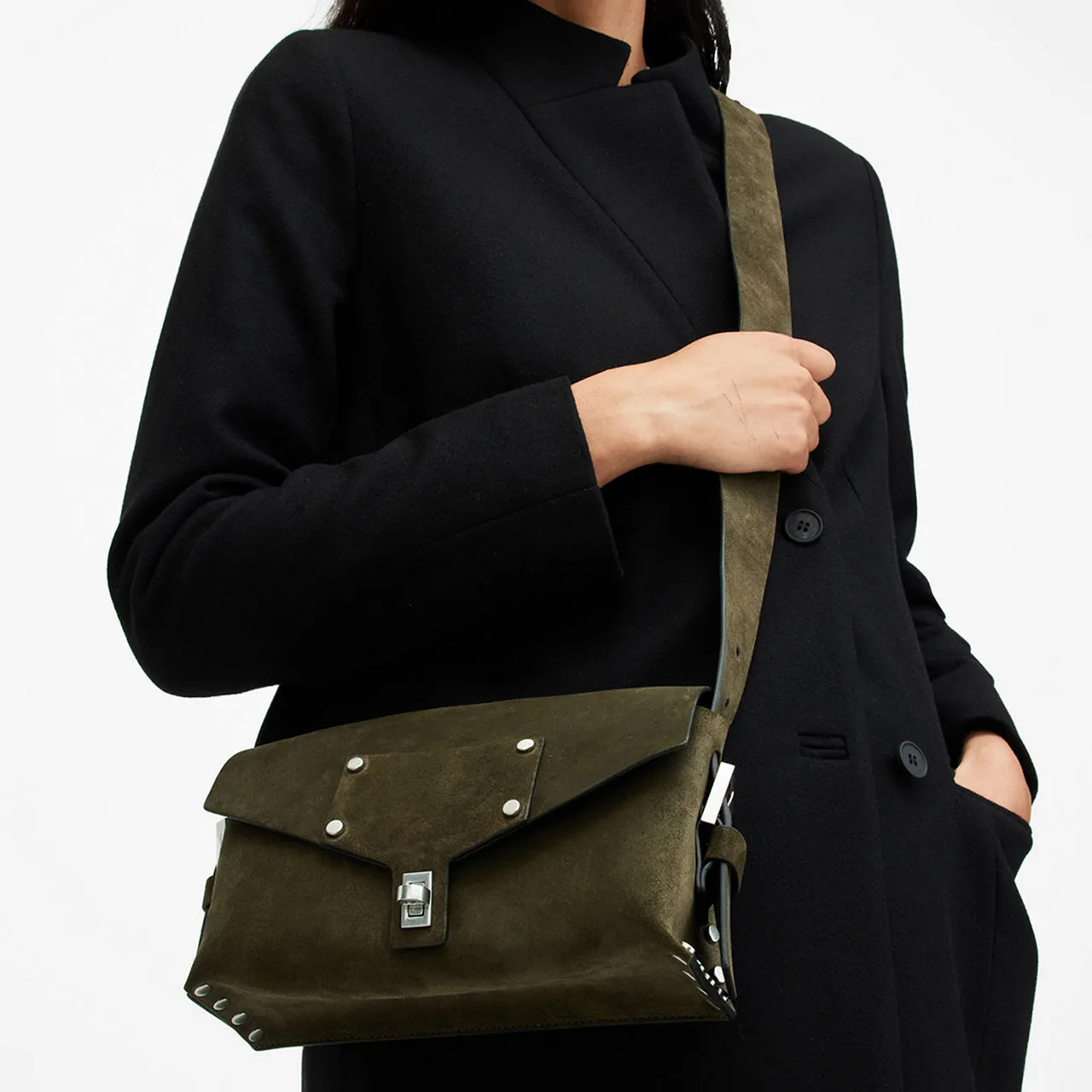 ALLSAINTS Miro Turn-Lock Suede Satchel - Olive Green