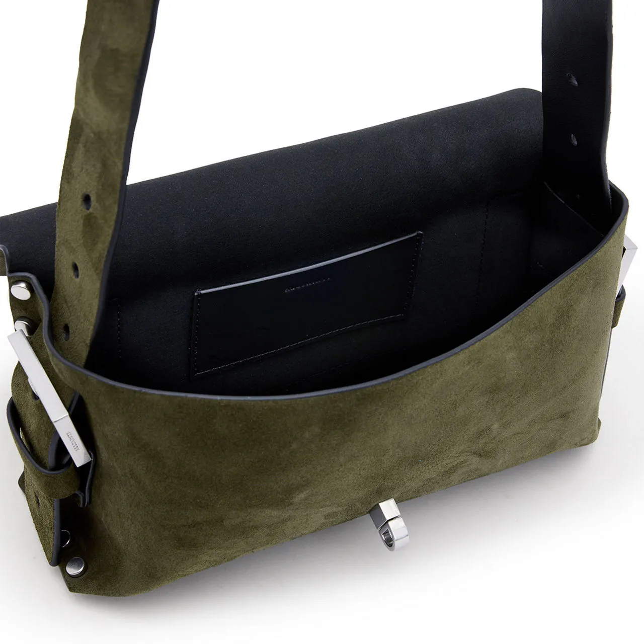 ALLSAINTS Miro Turn-Lock Suede Satchel - Olive Green