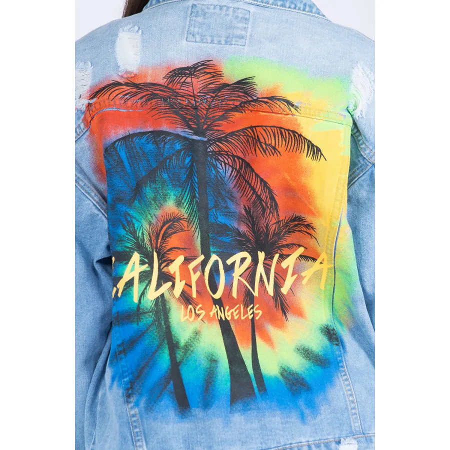 American Bazi Full Size Painted Back Distressed Denim Jacket