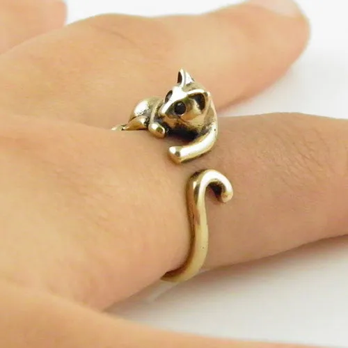 Animal Wrap Ring - Lazy Cat - Yellow Bronze - Adjustable Ring - keja Jewelry