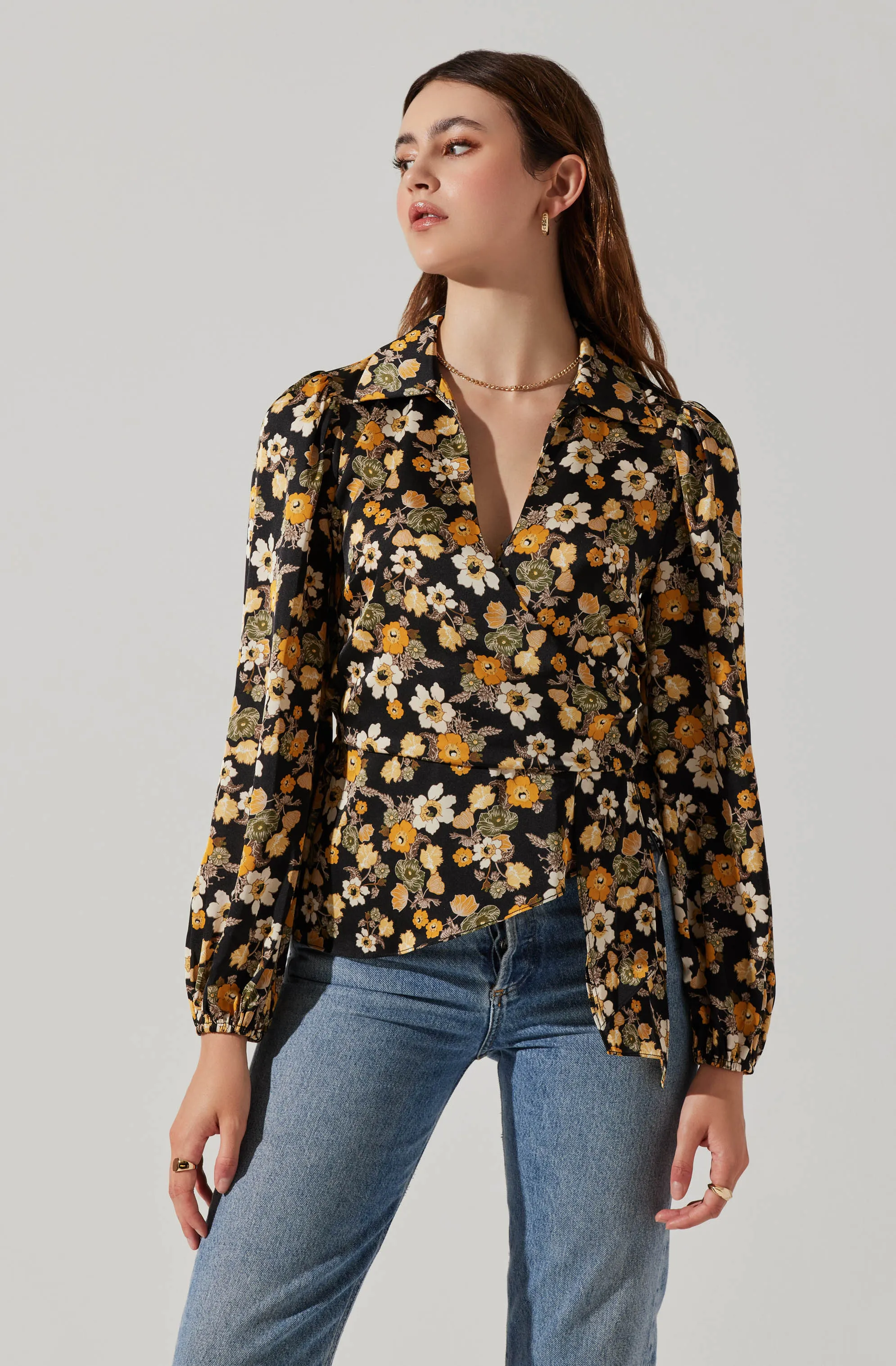 Asymmetrical Collared Floral Wrap Top