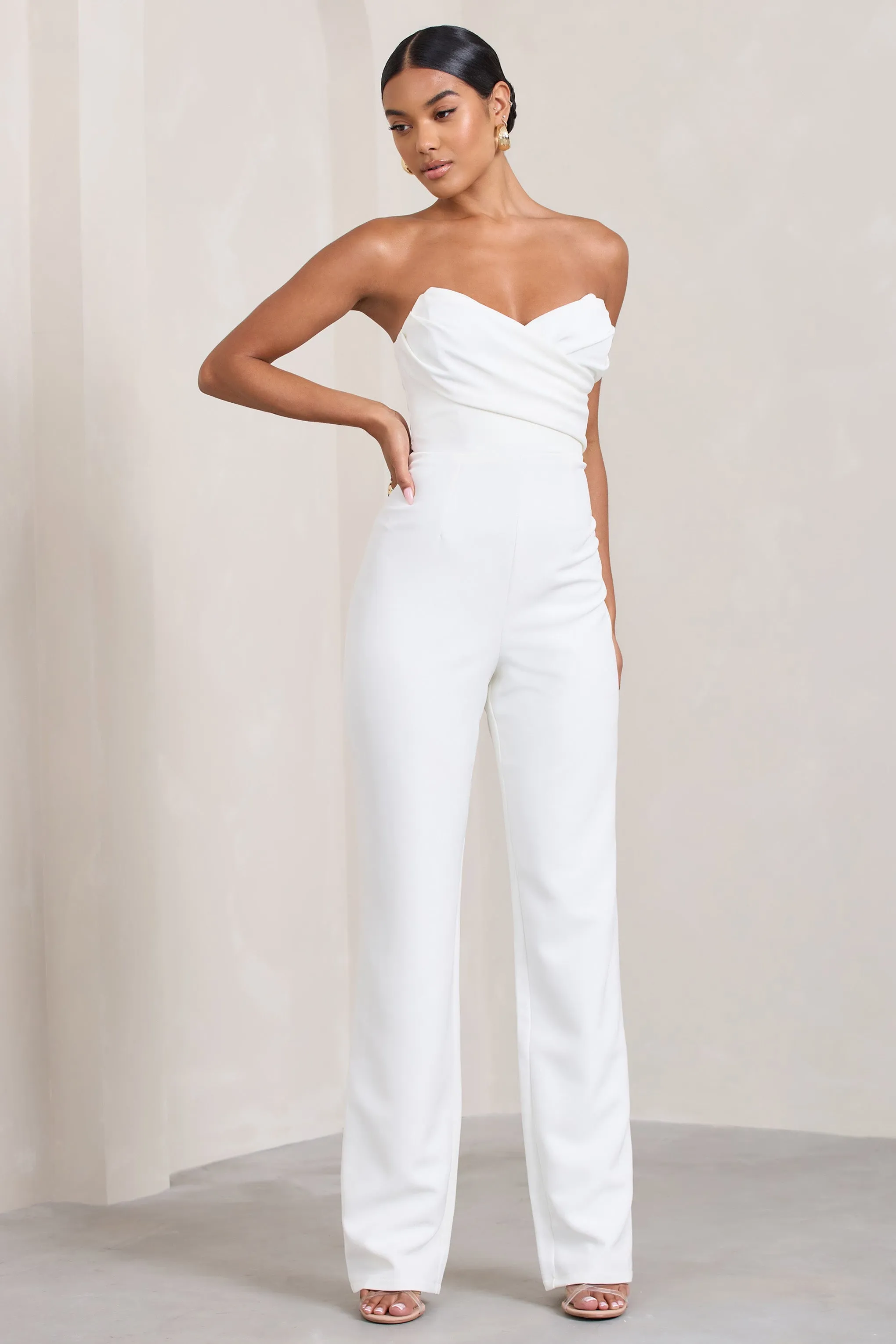 Bellezza | White Bandeau Corset Wide Leg Jumpsuit