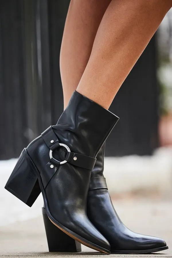 Black Leather Western Ankle Boots