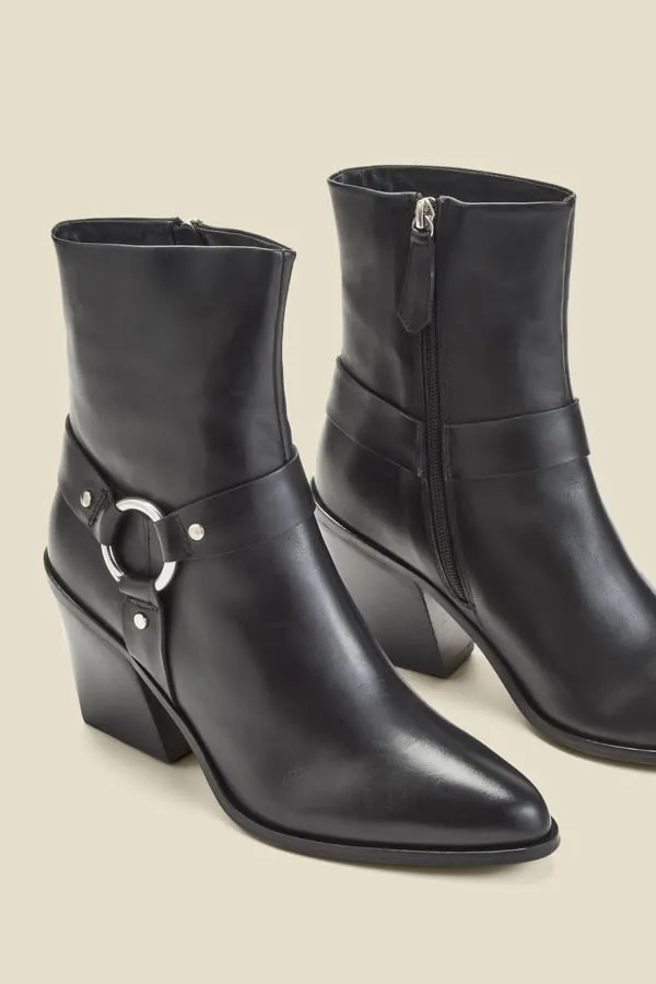 Black Leather Western Ankle Boots