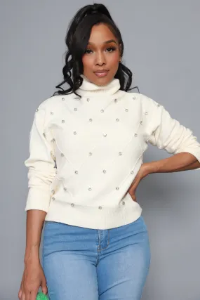 Blessed Rhinestone Embellished Turtleneck Sweater - Ivory