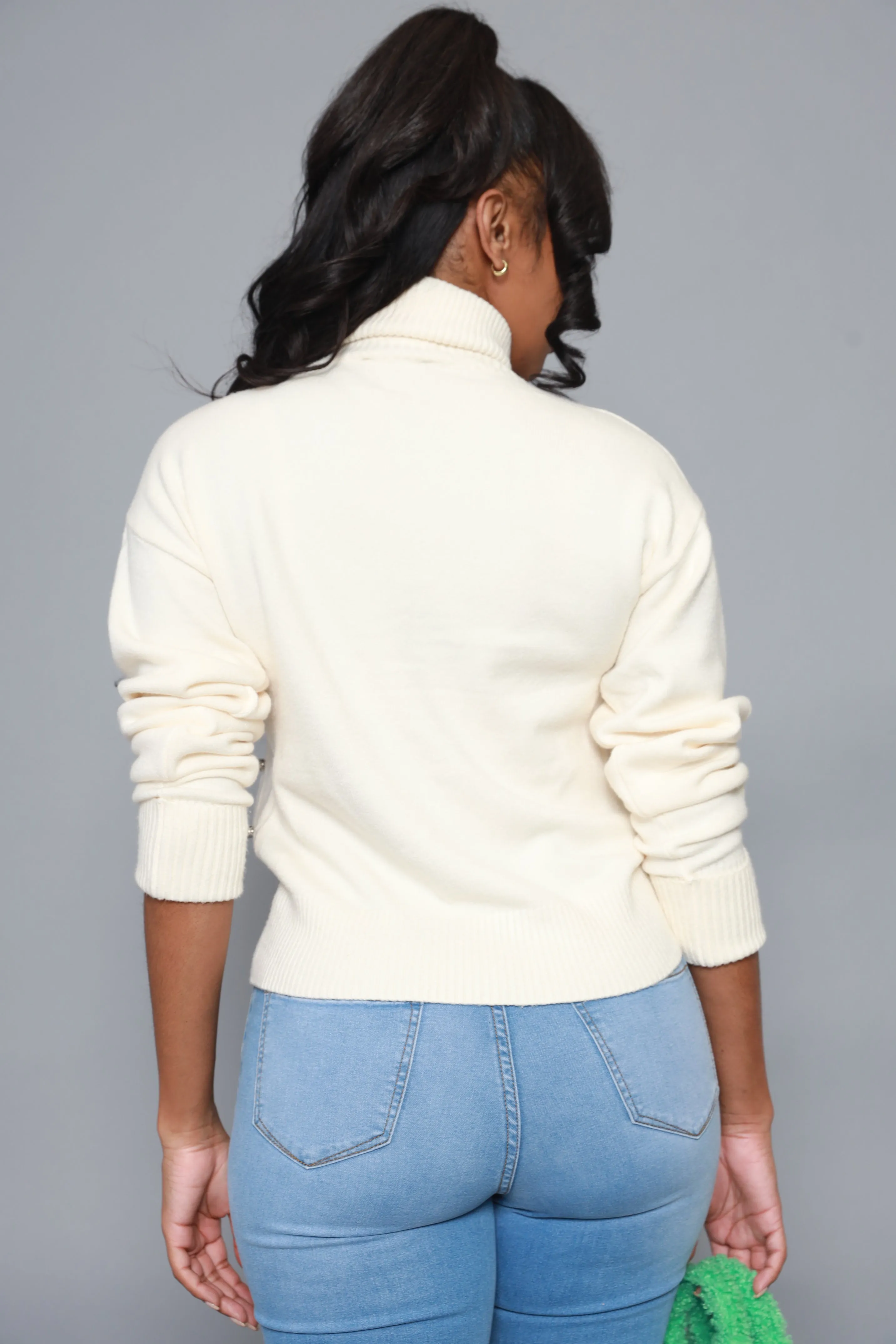 Blessed Rhinestone Embellished Turtleneck Sweater - Ivory