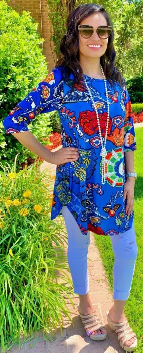 Blue Floral Scoop Tunic Top