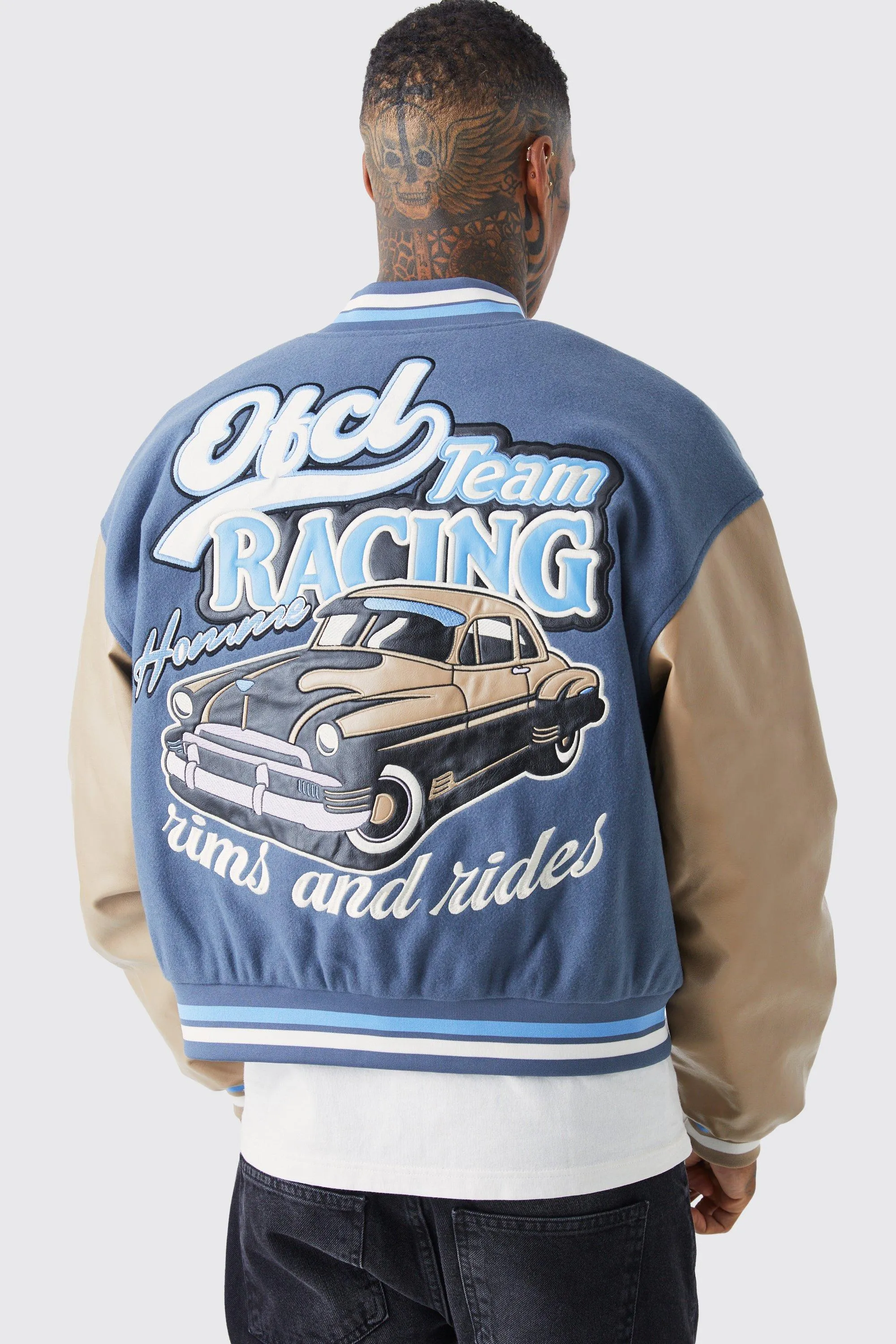 Boxy Melton & Pu Racing Varsity Jacket