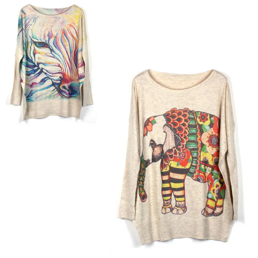 Fantastic Pullover Womens Batwing Long Sleeve Korean Style Elephants Zebra Knit Sweater Knitwear Tops pull Feida