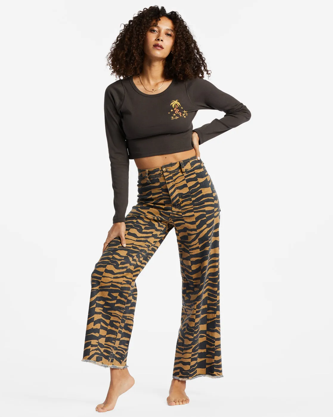 Free Fall Print Wide Leg Pants - Cosmic Khaki