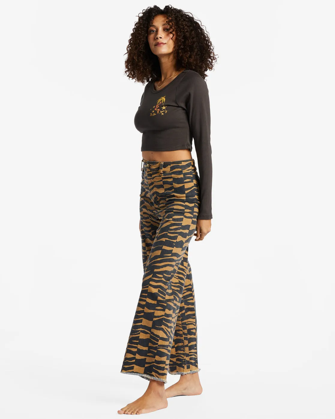 Free Fall Print Wide Leg Pants - Cosmic Khaki