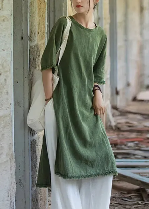 Green Side Open Linen T Shirt Dress O Neck Short Sleeve CG1039