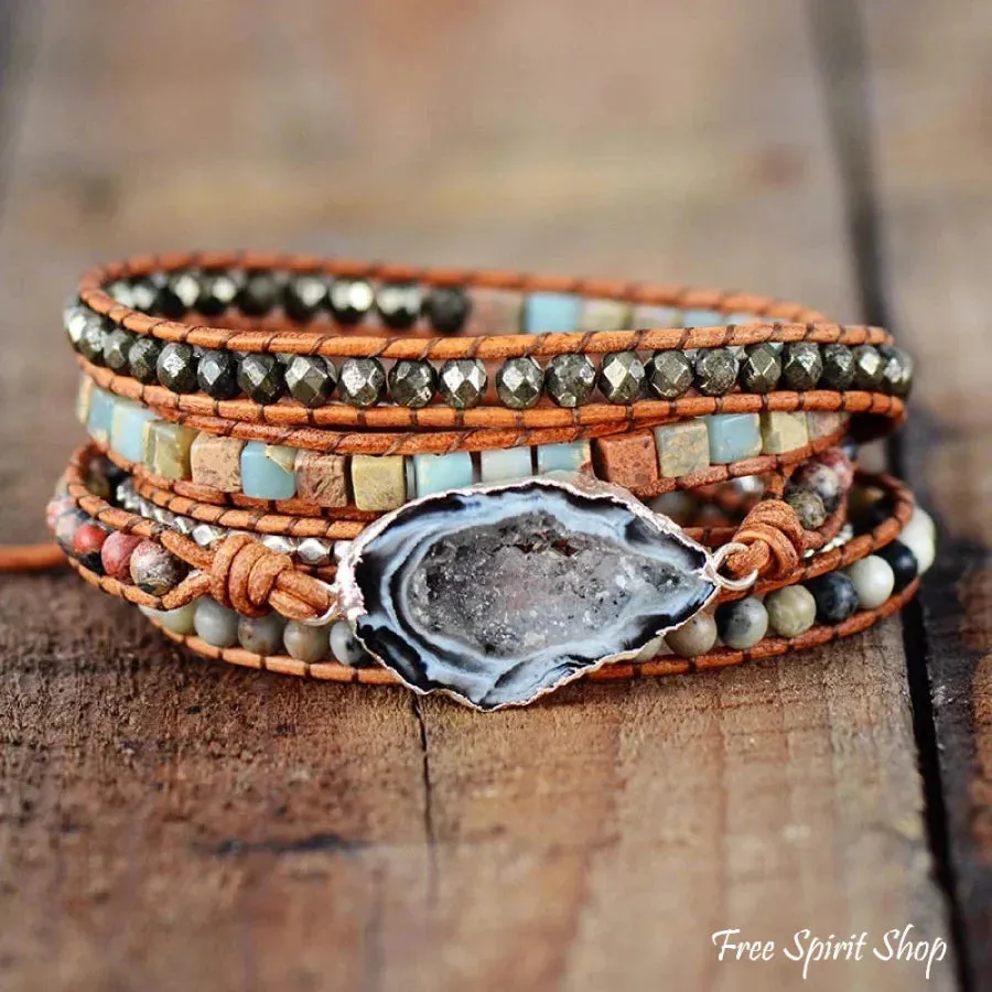 Handmade Jasper & Agate Druzy Leather Wrap Bracelet