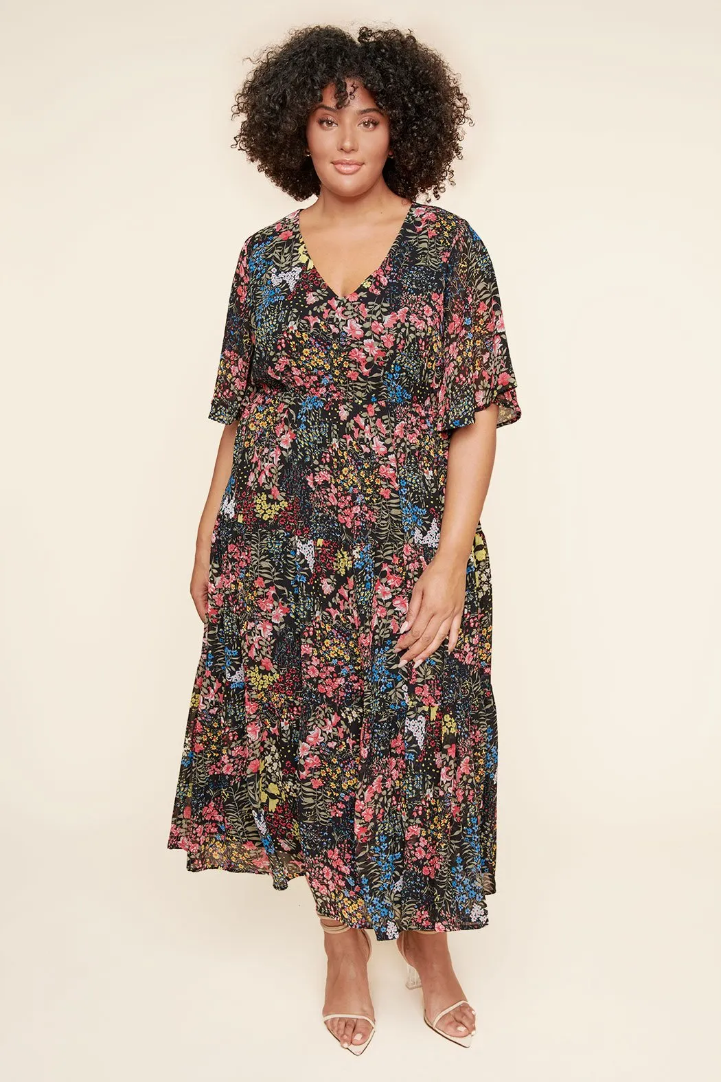 High Hopes Floral Flouncy Sleeve Tiered Maxi Dress Curve
