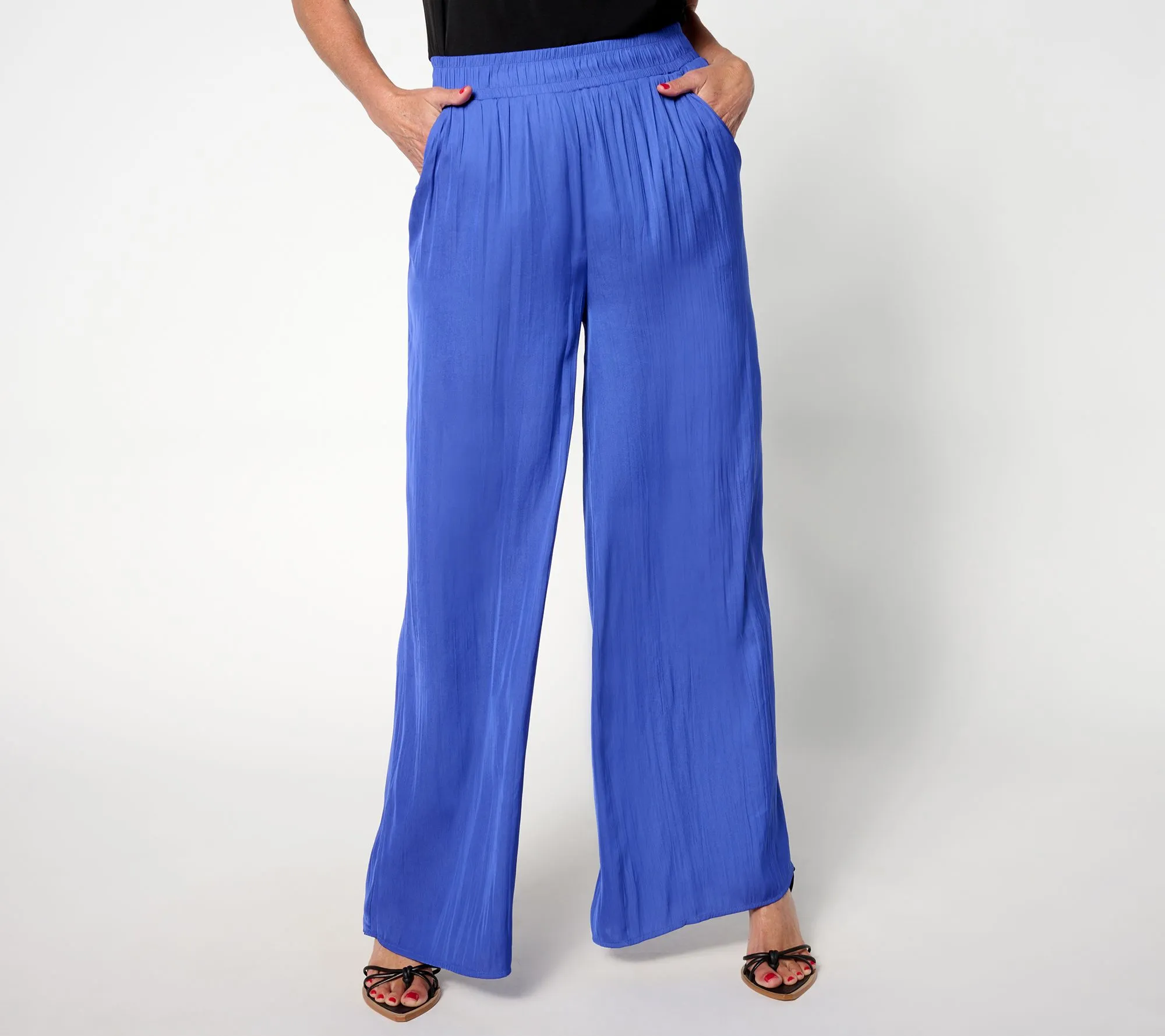 Isaac Mizrahi Live! Regular Crinkle Satin Flowy Wide Leg Pants