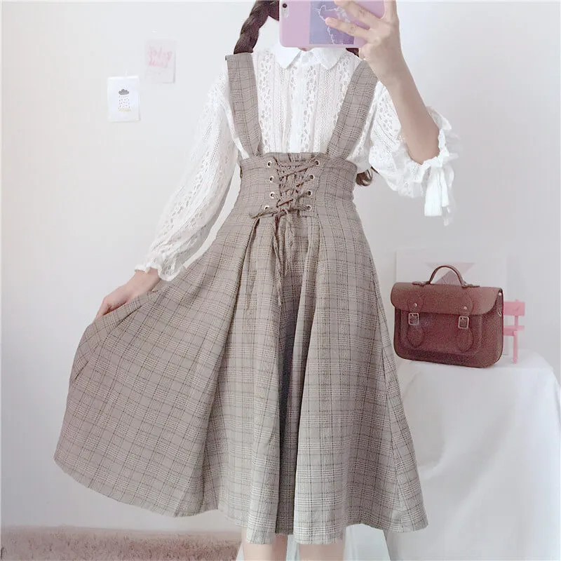 JAPANESE SWEET SOFTGIRL LACE SHIRT & PLAID SUSPENDERS DRESS BY98052