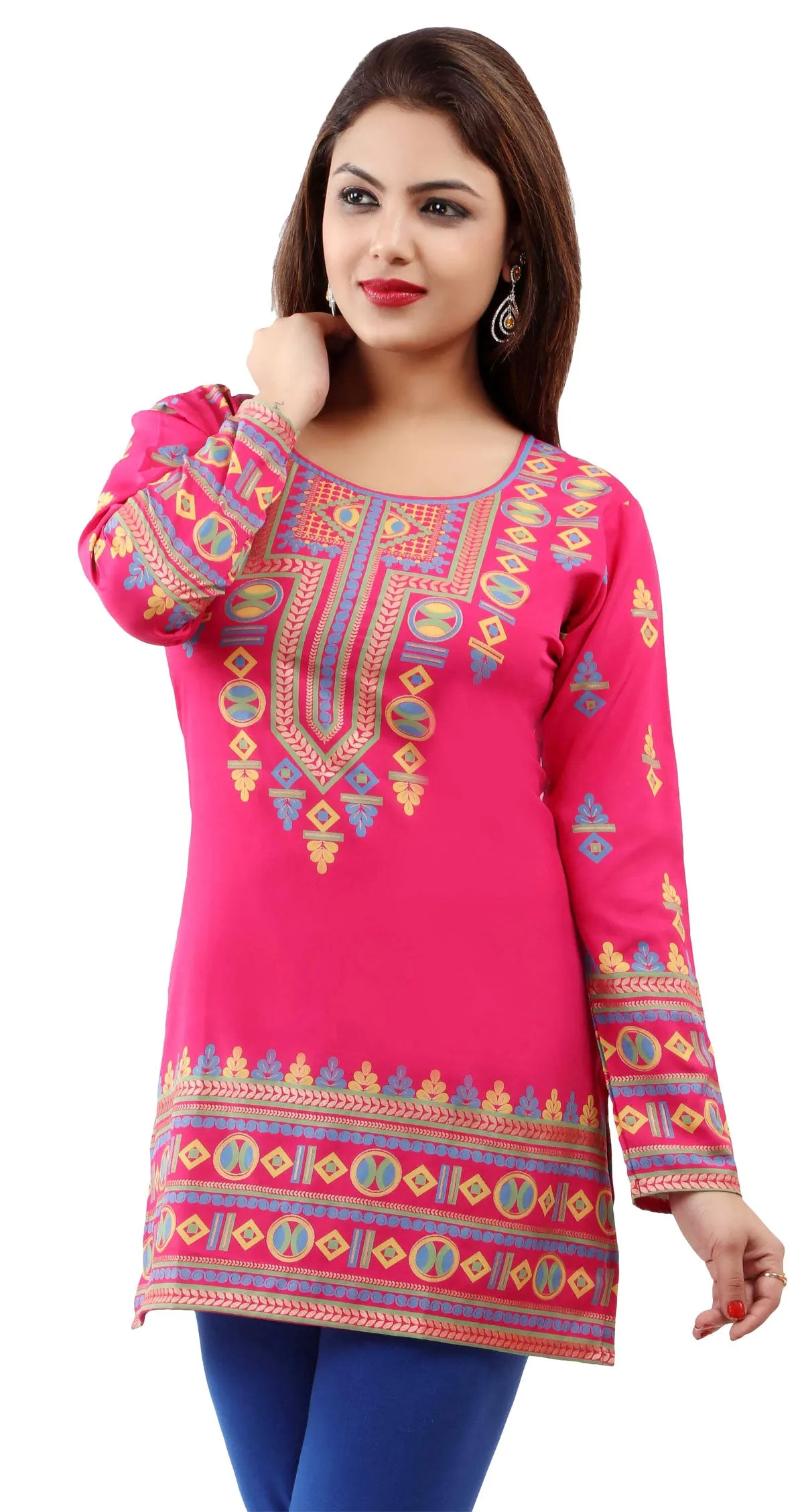 Kurti Top Tunic Women's Printed Blouse India Clothing (Pink)