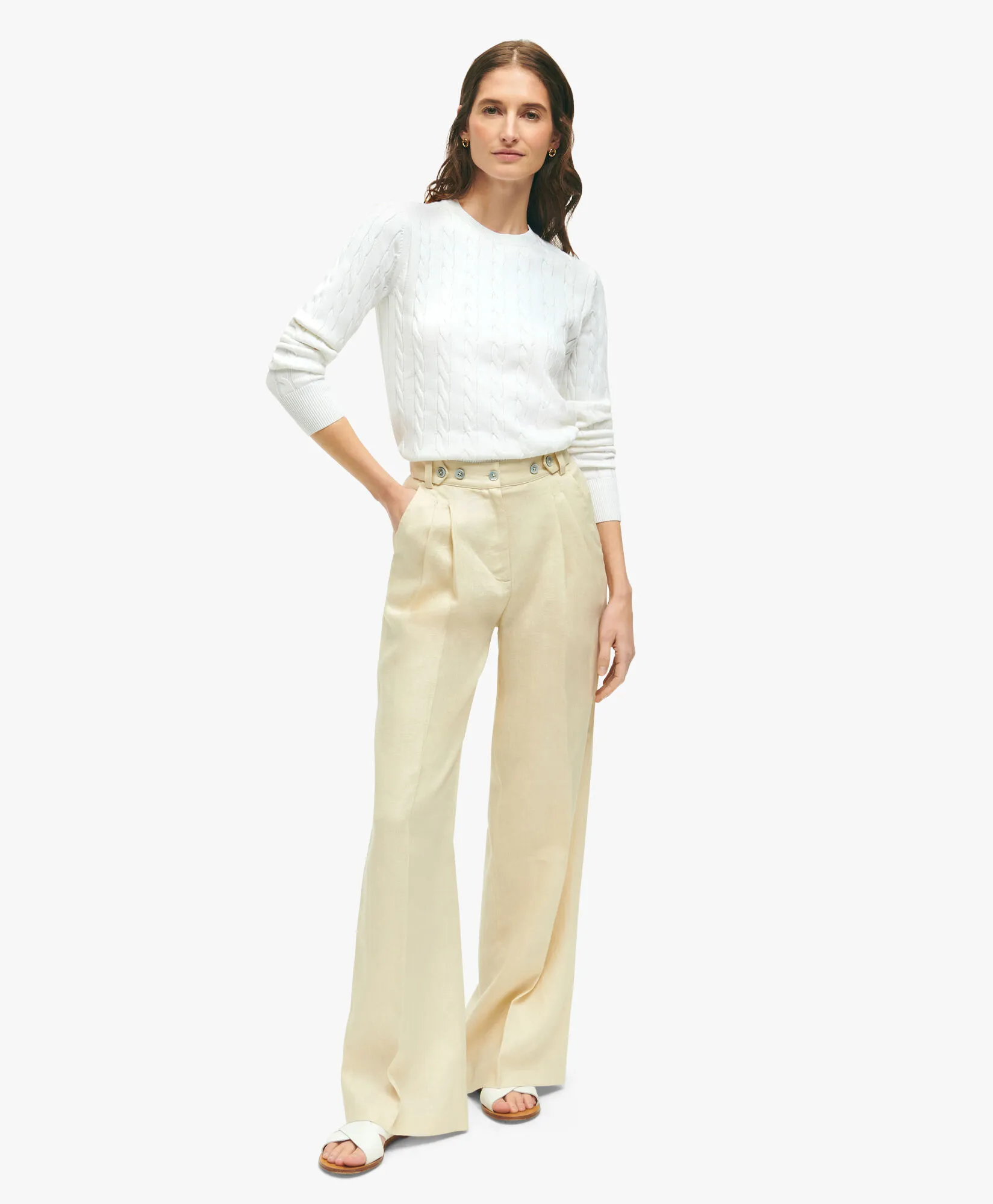 Linen Pleated Wide Leg Pants in White for Women | Brooks Brothers® UK