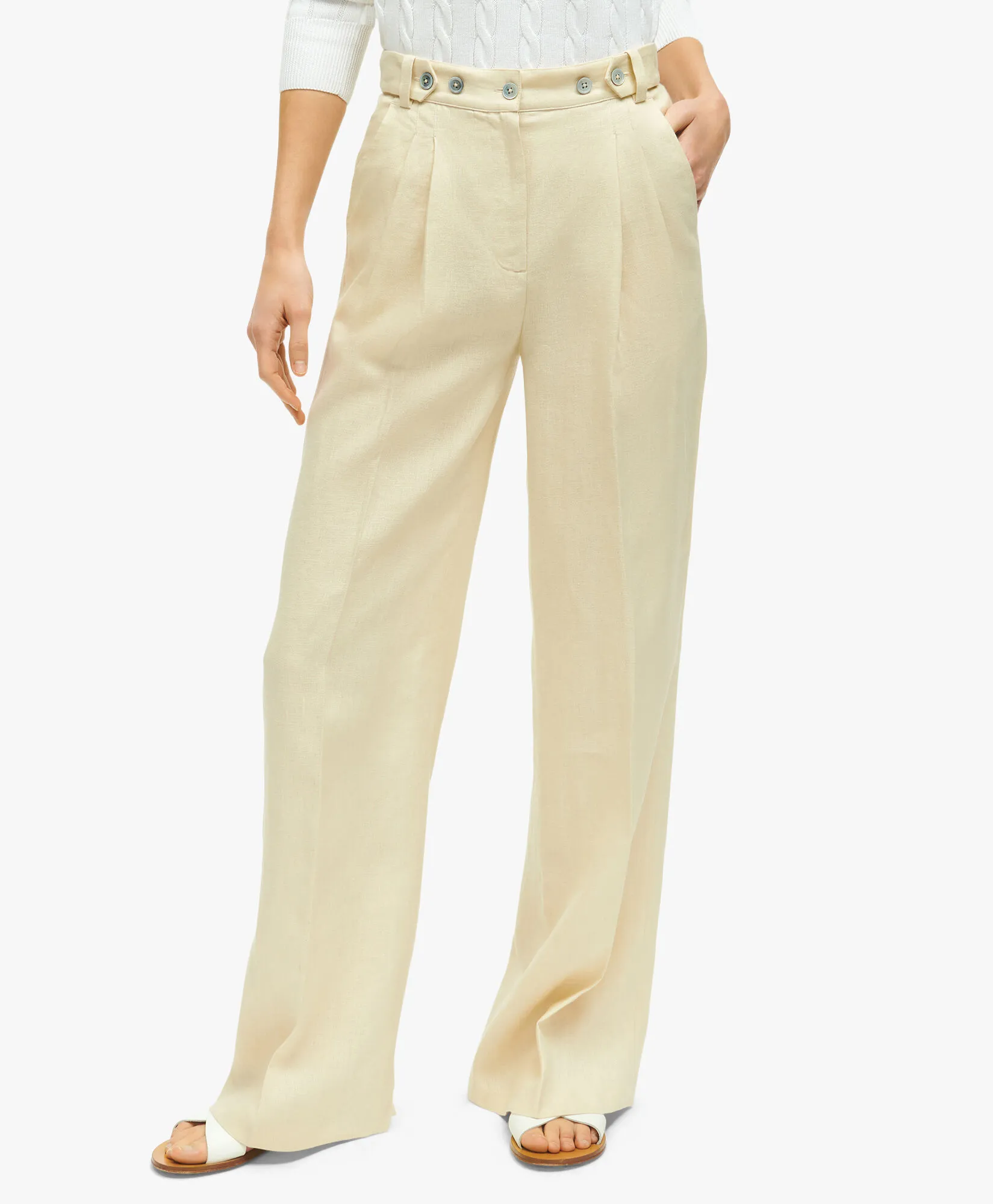 Linen Pleated Wide Leg Pants in White for Women | Brooks Brothers® UK