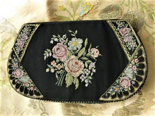 LOVELY Antique Petit Point Needlework Tapestry Purse Colorful Roses Handbag Evening Clutch Pastel Colors with Black Bag Collecti