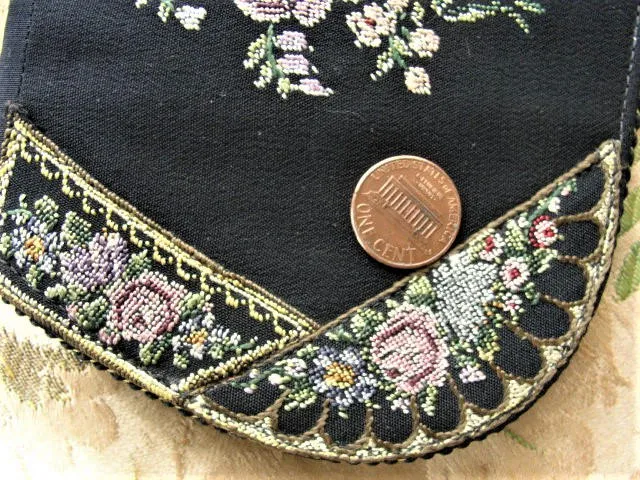 LOVELY Antique Petit Point Needlework Tapestry Purse Colorful Roses Handbag Evening Clutch Pastel Colors with Black Bag Collecti