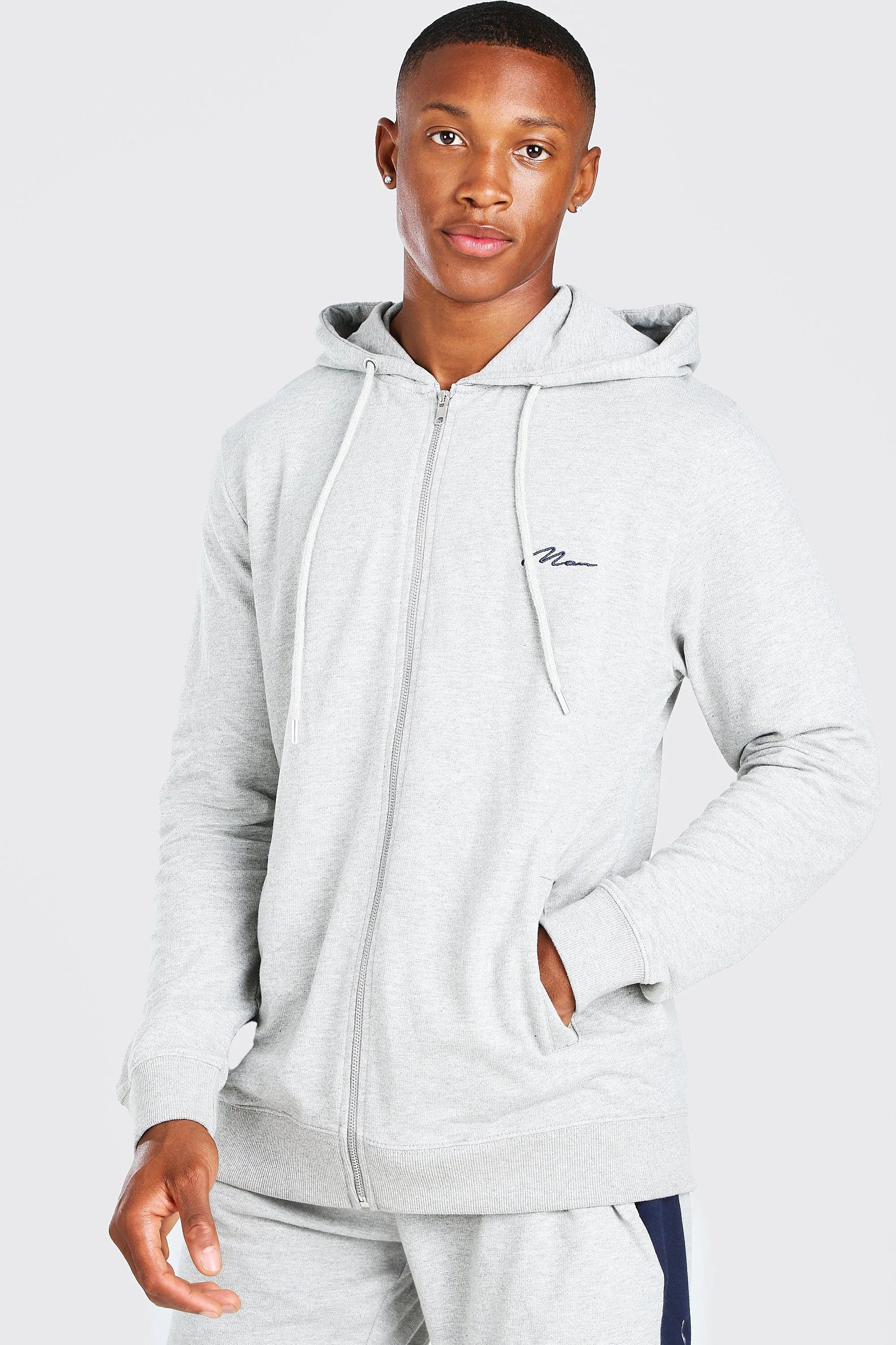 MAN Signature Lounge Zip Through Hoodie | boohooMAN UK