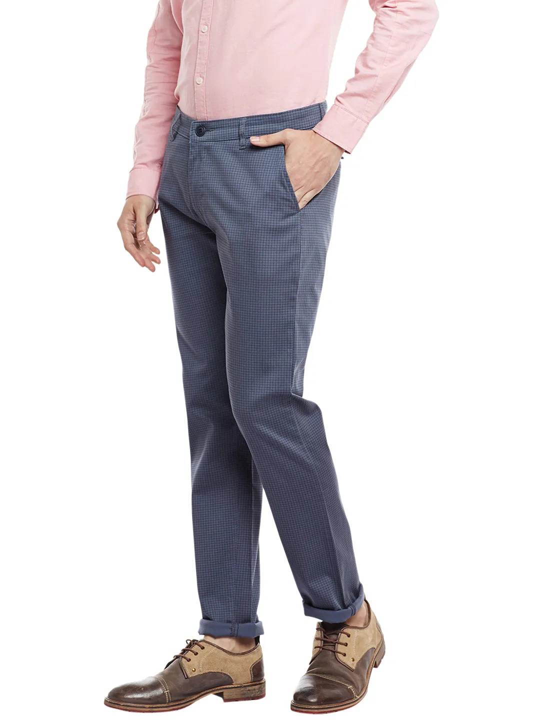 Men Grey Checked Cotton Stretch Slim Fit Casual Chinos Trouser