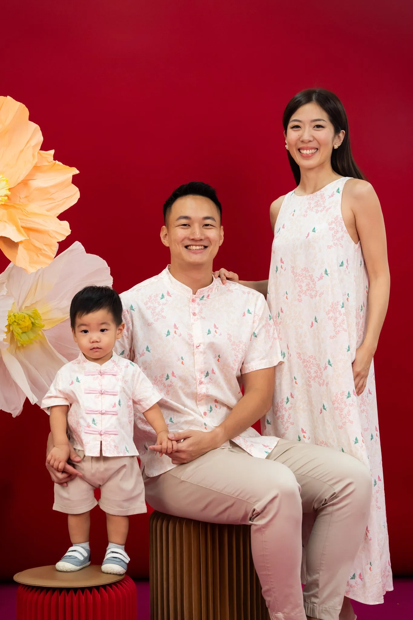 Men's Mandarin-collared Shirt - Cream Cranes