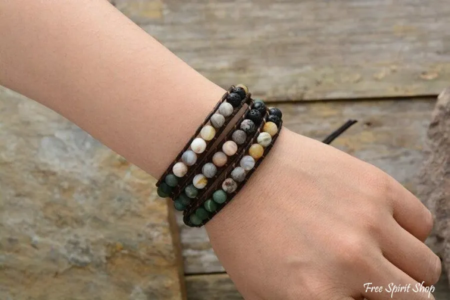 Natural Agate Black Lava & Green Onyx Beaded Wrap Bracelet