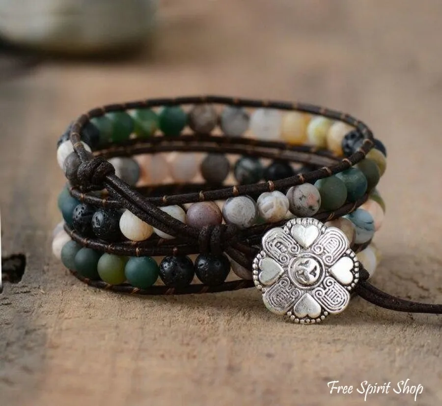 Natural Agate Black Lava & Green Onyx Beaded Wrap Bracelet