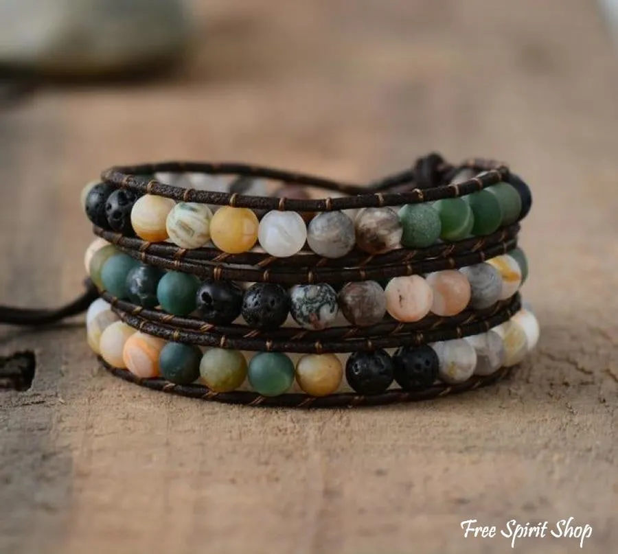 Natural Agate Black Lava & Green Onyx Beaded Wrap Bracelet