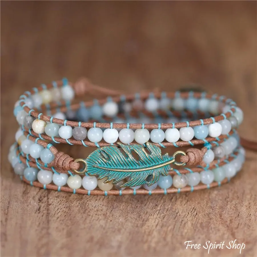 Natural Amazonite Boho Feather Wrap Bracelet