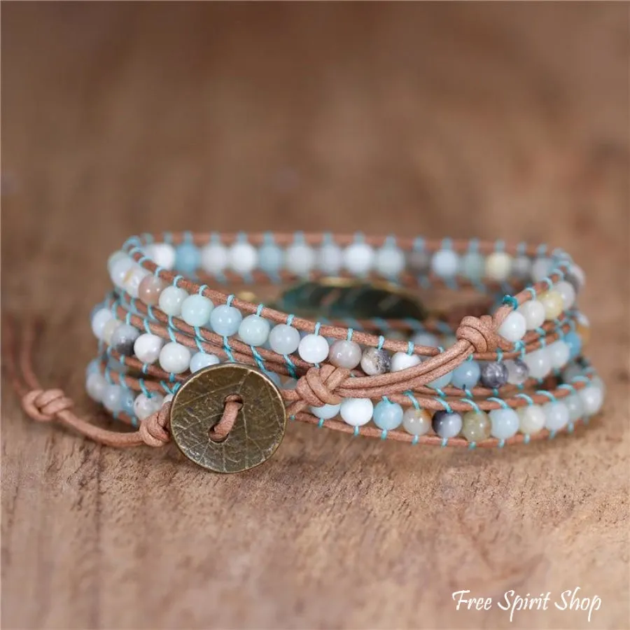 Natural Amazonite Boho Feather Wrap Bracelet