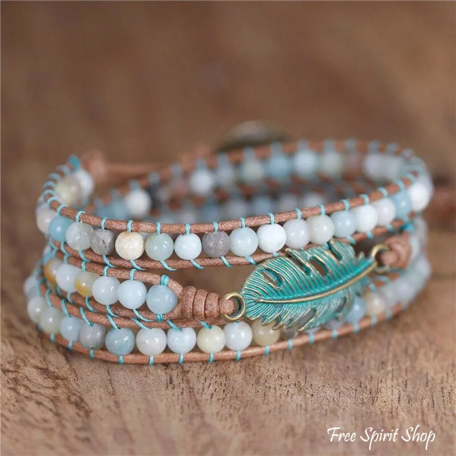 Natural Amazonite Boho Feather Wrap Bracelet