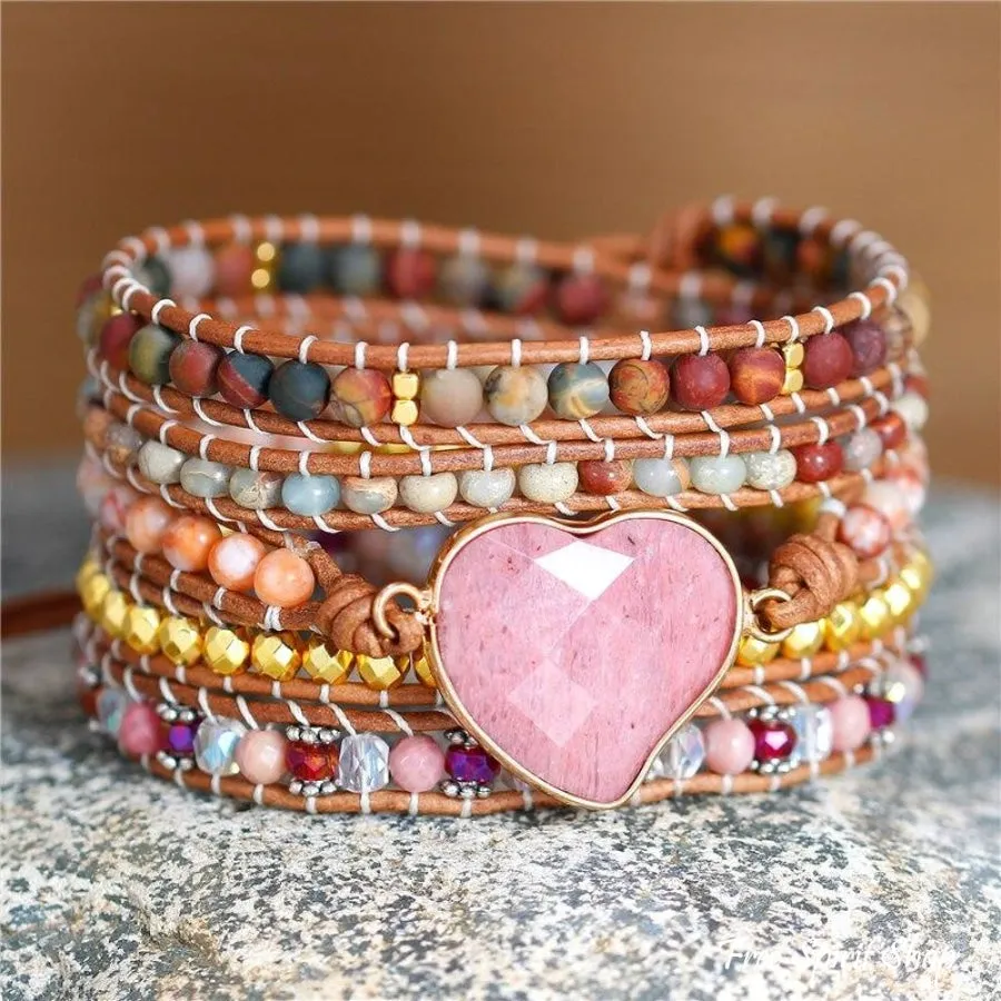 Natural Rhodonite Heart & Jasper Wrap Bracelet