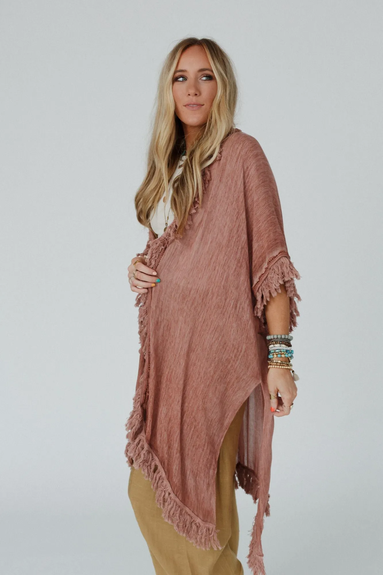 On The Edge Fringe Kimono - Rose Clay