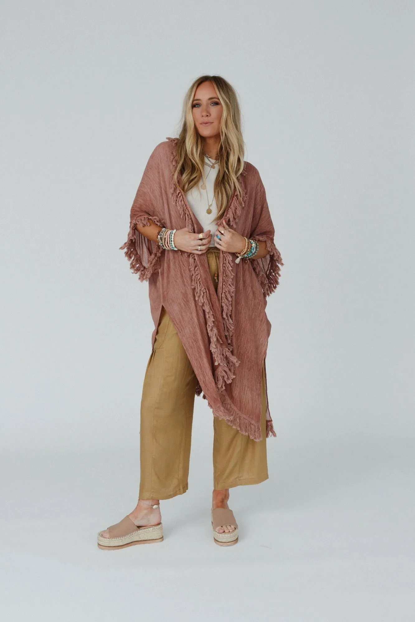 On The Edge Fringe Kimono - Rose Clay