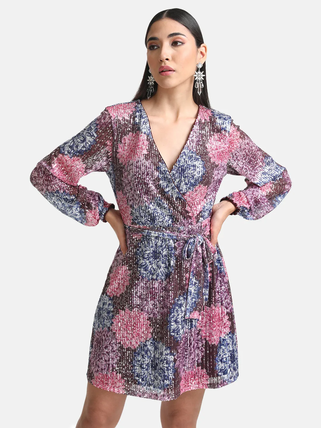 Overlapped Printed Sequin Mini Dress