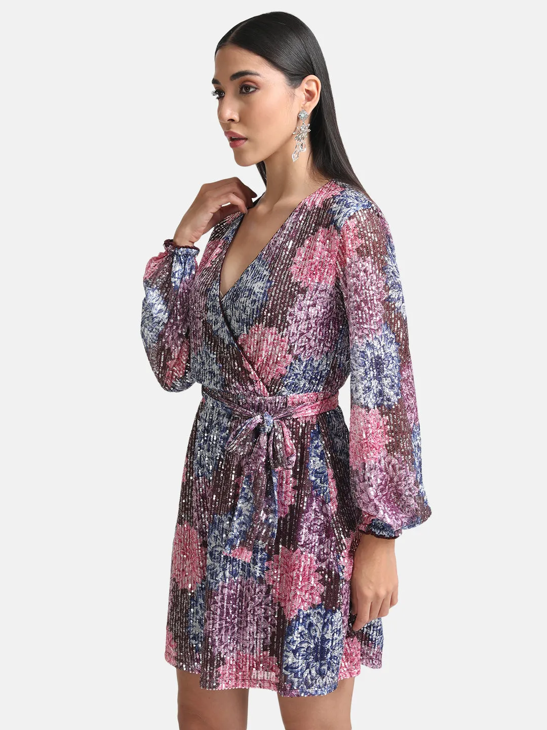 Overlapped Printed Sequin Mini Dress