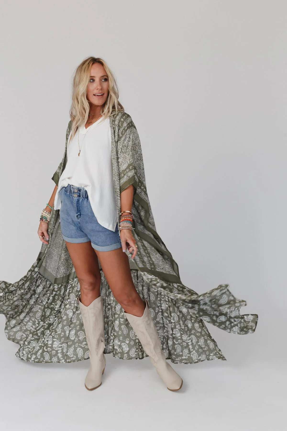 Paisley Tapestry Free Flow Duster Kimono - Olive