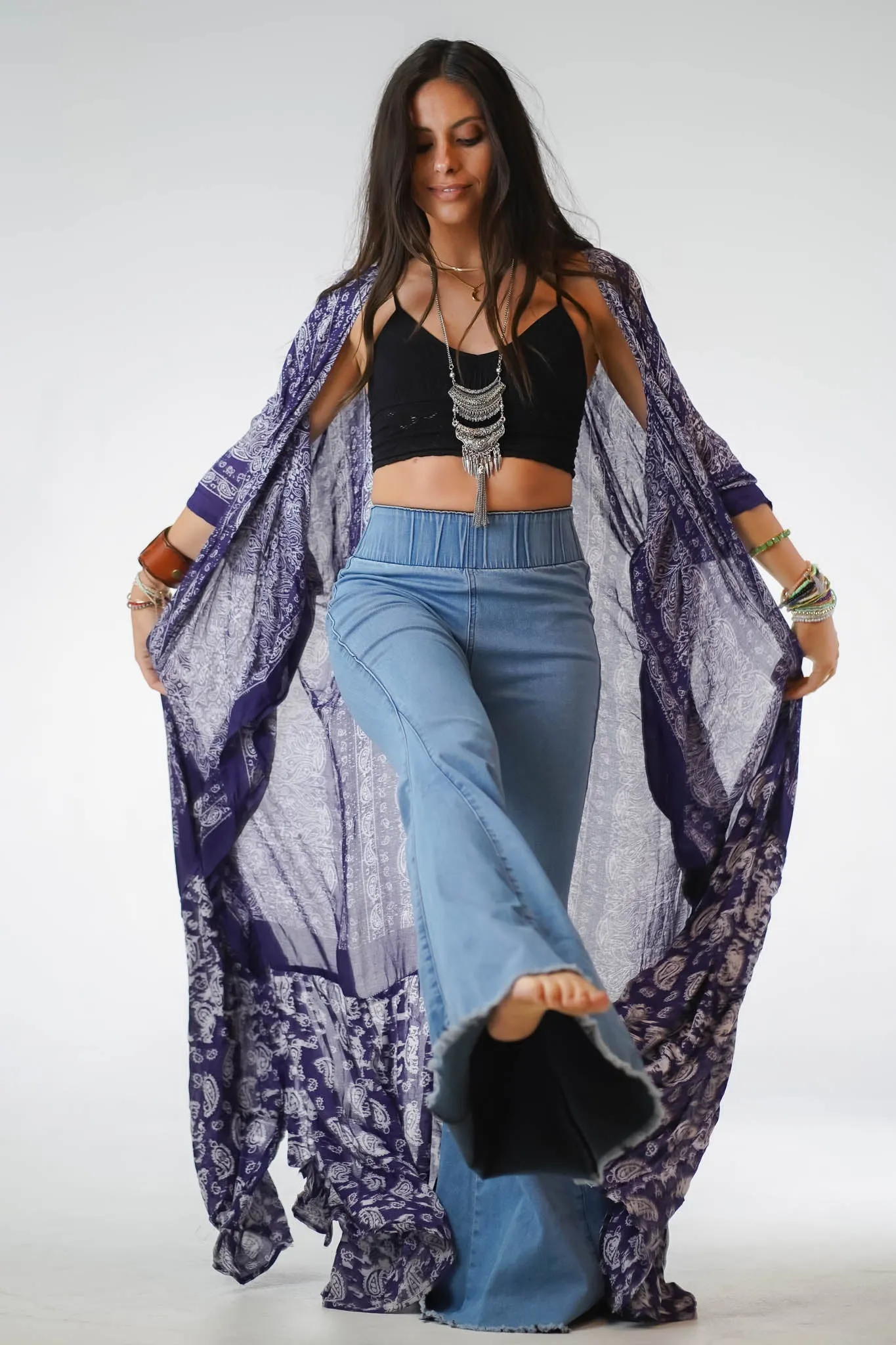 Paisley Tapestry Free Flow Duster Kimono - Purple