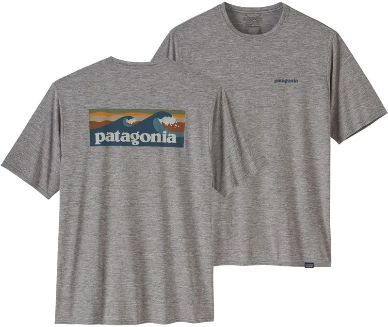 Patagonia Mens Cap Cool Daily Graphic Shirt - Waters Boardshort Logo Abalone Blue - Feather Grey