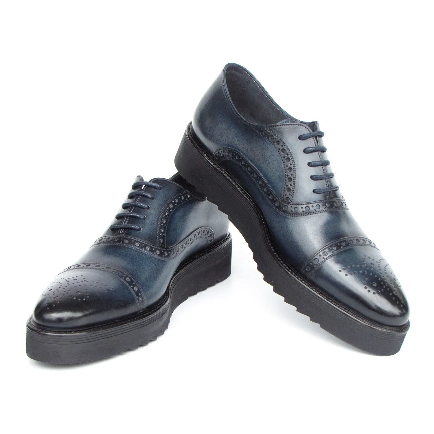 Paul Parkman 285-NVY-LTH Men's Shoes Navy Hand Painted Leather Casual Cap Toe Oxfords (PM6406)