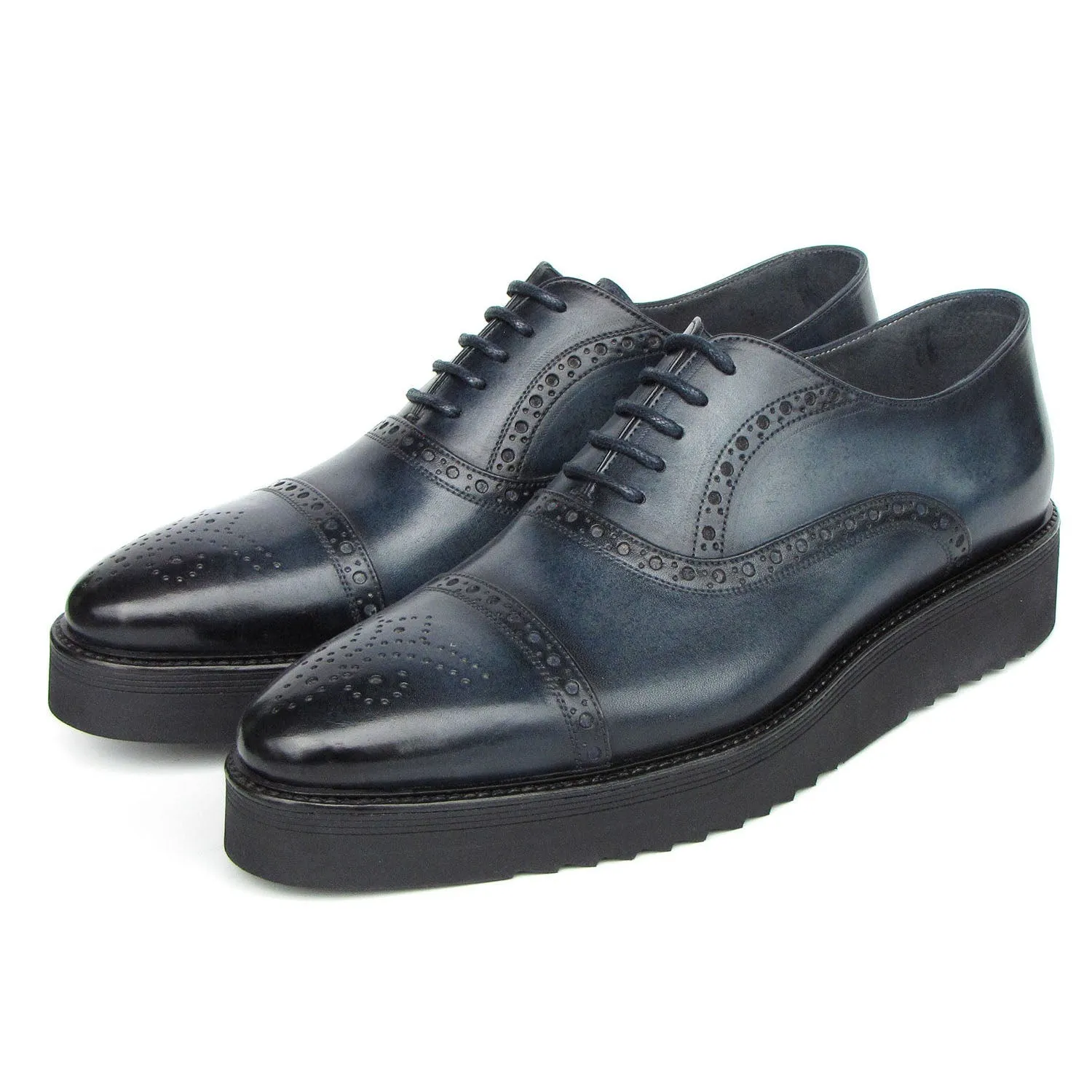 Paul Parkman 285-NVY-LTH Men's Shoes Navy Hand Painted Leather Casual Cap Toe Oxfords (PM6406)