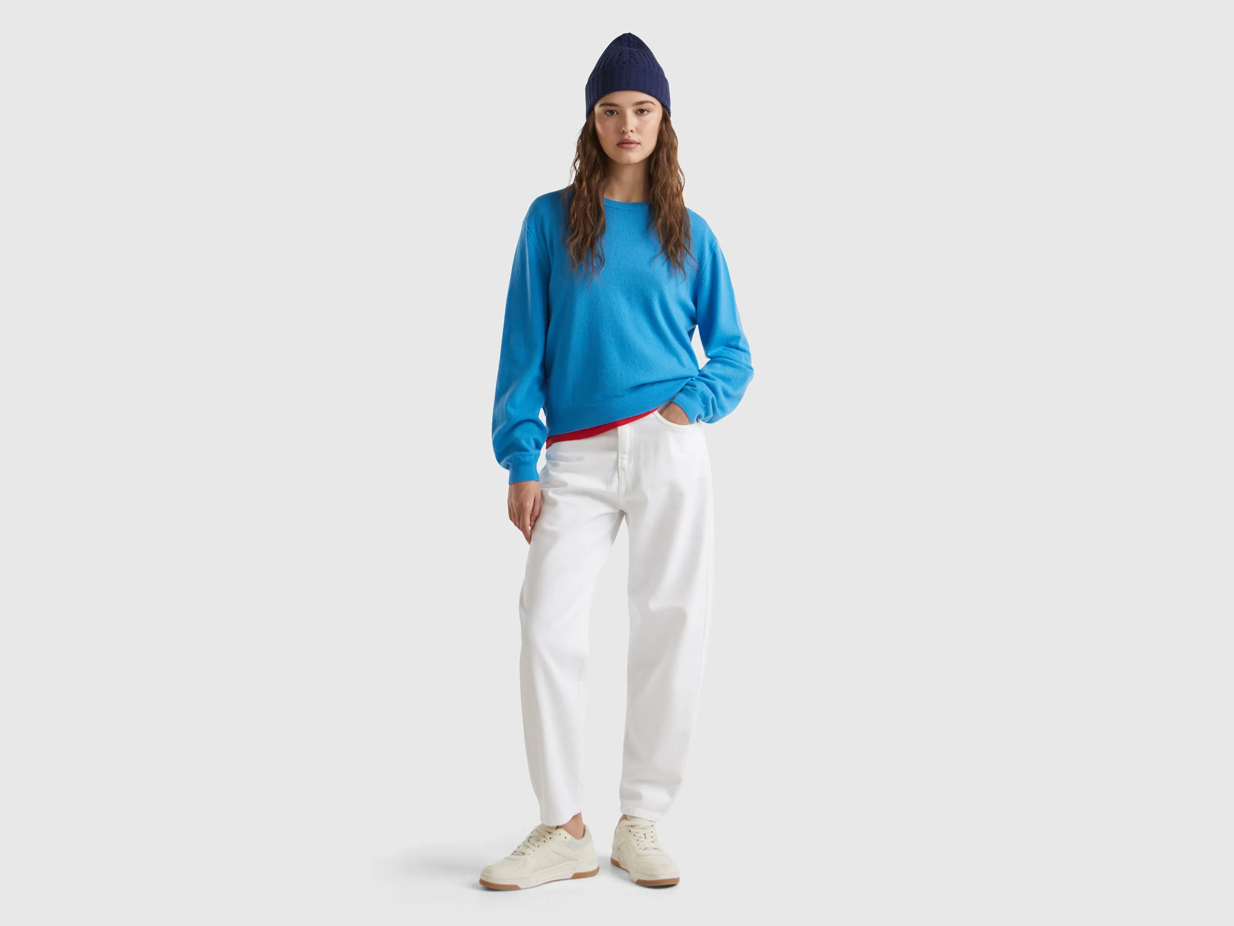 Relaxed fit pure Merino wool sweater - Light Blue | Benetton