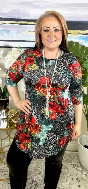 S-M-L-XL : Grey Leopard Coral Floral SCOOP Tunic