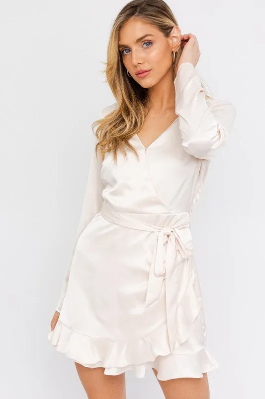 Satin Wrap Dress w Waist Tie