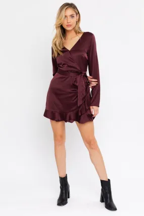 Satin Wrap Dress w Waist Tie