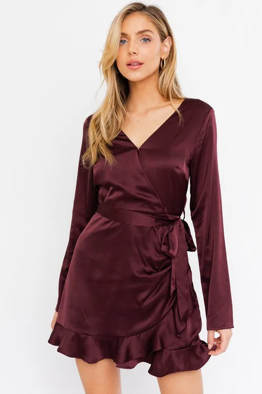 Satin Wrap Dress w Waist Tie